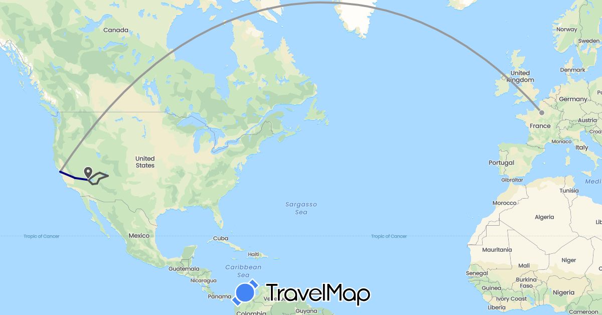 TravelMap itinerary: driving, plane, motorbike in France, United States (Europe, North America)